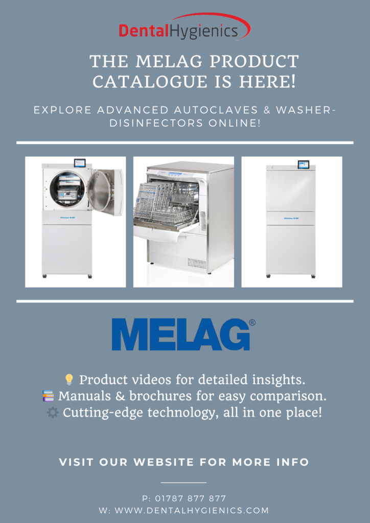 MELAG Product Catalogue overview with Careclave®, MELAtherm®, and Vacuclave® equipment for dental and medical practices