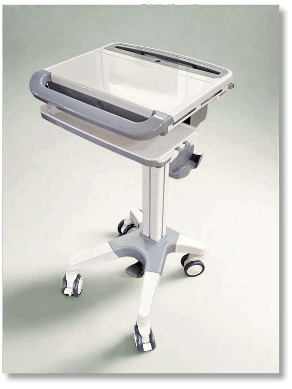 Ergonomic desktop laptop trolley with scanner mount