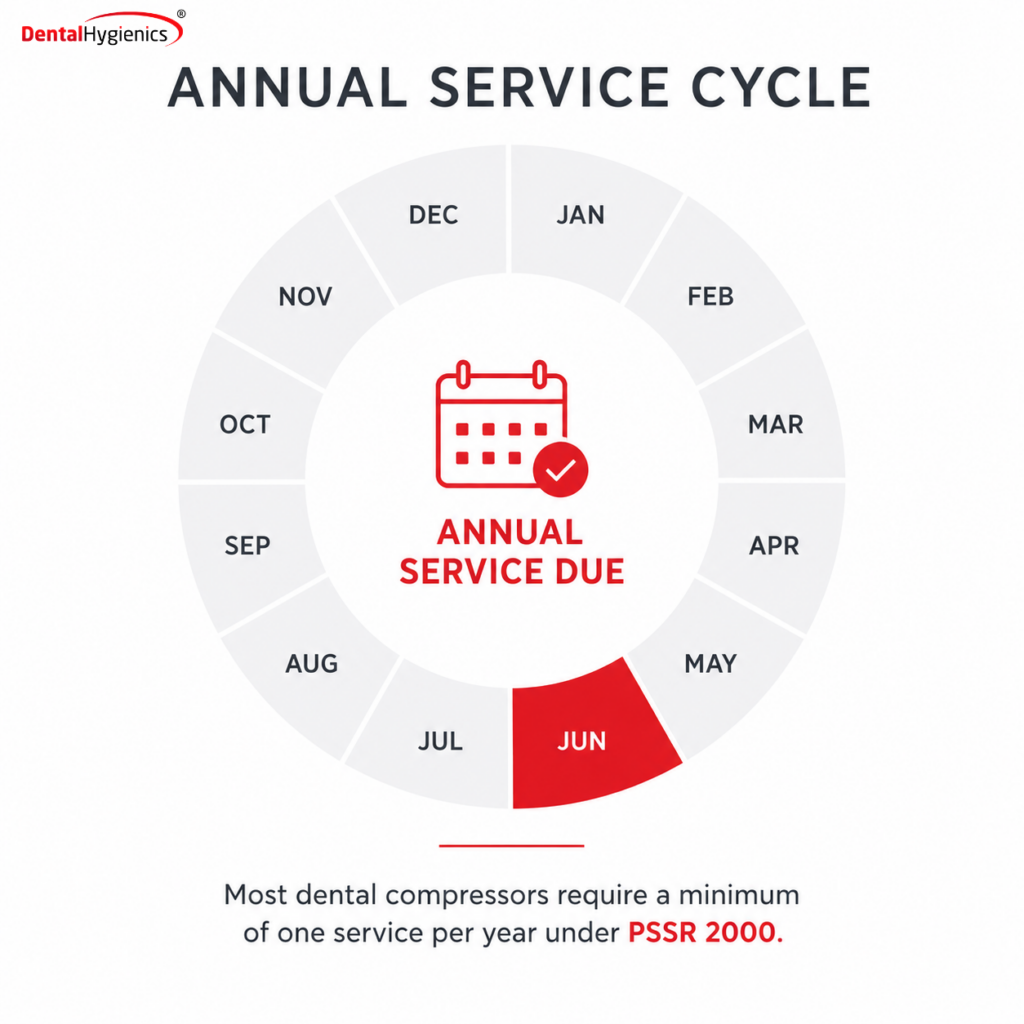Annual dental compressor servicing schedule diagram — PSSR 2000 compliance for UK dental practices