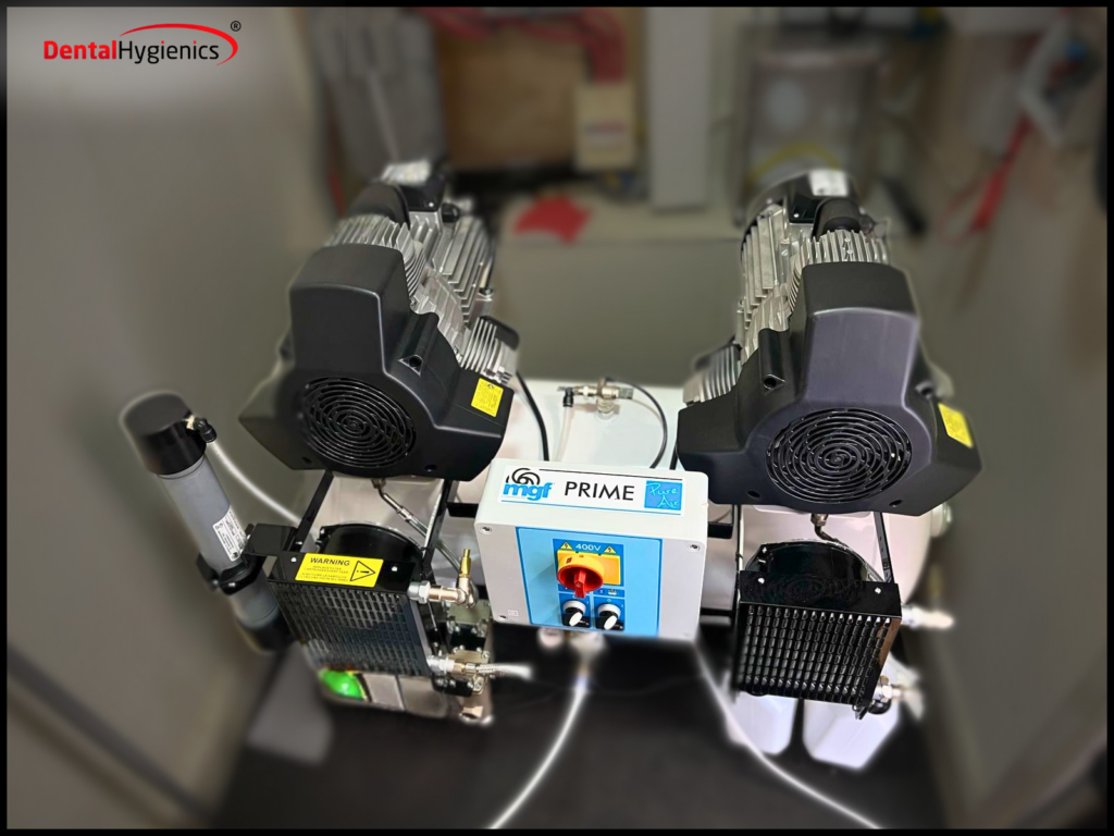 Dental air compressor unit in a practice plant room — dental compressor servicing by Dental Hygienics